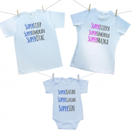 Obiteljski set (bodije s kratkim rukavom) Super tac, majka, sin