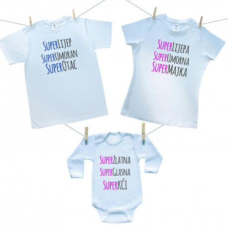 Obiteljski set (bodije s dugim rukavom) Super otac, majka, kći