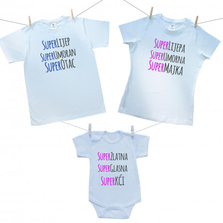 Obiteljski set (bodije s kratkim rukavom) Super otac, majka, kći