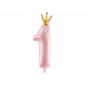 Folijski balon Broj 1, 37x100 cm, svijetlo ružičasti s krunom