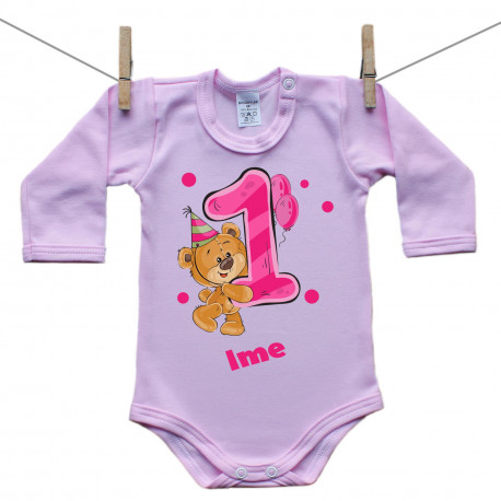 Roze bodije s dugim rukavom Imam 1 godinu s medvjedićem za djevojčice