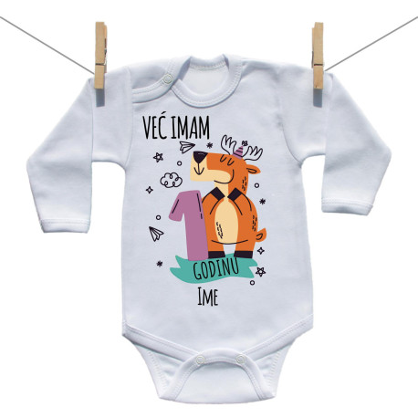 Bodije s dugim rukavom Već imam 1 godinu sa životinjicom Bodije s dugim rukavom Već imam 1 godinu sa životinjicom