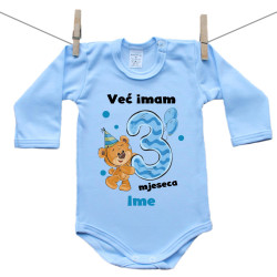 Plave bodije s dugim rukavom Već imam 3 mjeseca s medvjedićem i imenom djeteta - Dječak