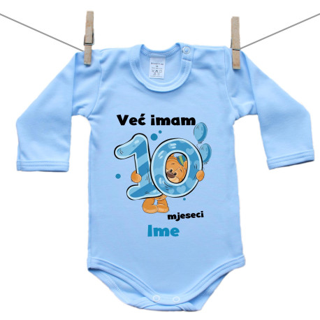 Plave bodije s dugim rukavom Već imam 10 mjeseci s medvjedićem i imenom djeteta dječak