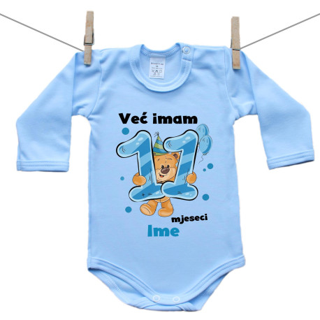 Plave bodije s dugim rukavom Već imam 11 mjeseci s medvjedićem i imenom djeteta Dječak Plave bodije s dugim rukavom Već imam 11 mjeseci s medvjedićem i imenom djeteta Dječak