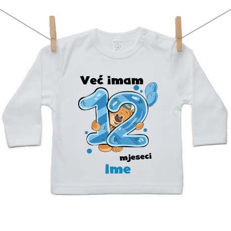 Majica s dugim rukavom Već imam 12 mjeseci s medvjedićem i imenom djeteta dječak Majica s dugim rukavom Već imam 12 mjeseci s medvjedićem i imenom djeteta dječak