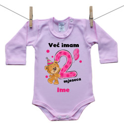 Roze bodije s dugim rukavom Već imam 2 mjeseca s medvjedićem i imenom djeteta Djevojčica