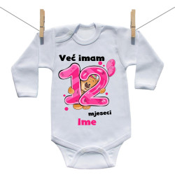 Bodije s dugim rukavom Već imam 12 mjeseci s medvjedićem i imenom djeteta – djevojčica